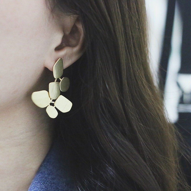 Statement Gold Leaves Earrings Long Geometric  Geometric Chandelier Earring  Large Geometric Earring  Gold Dangle Earring Long Stud earrings