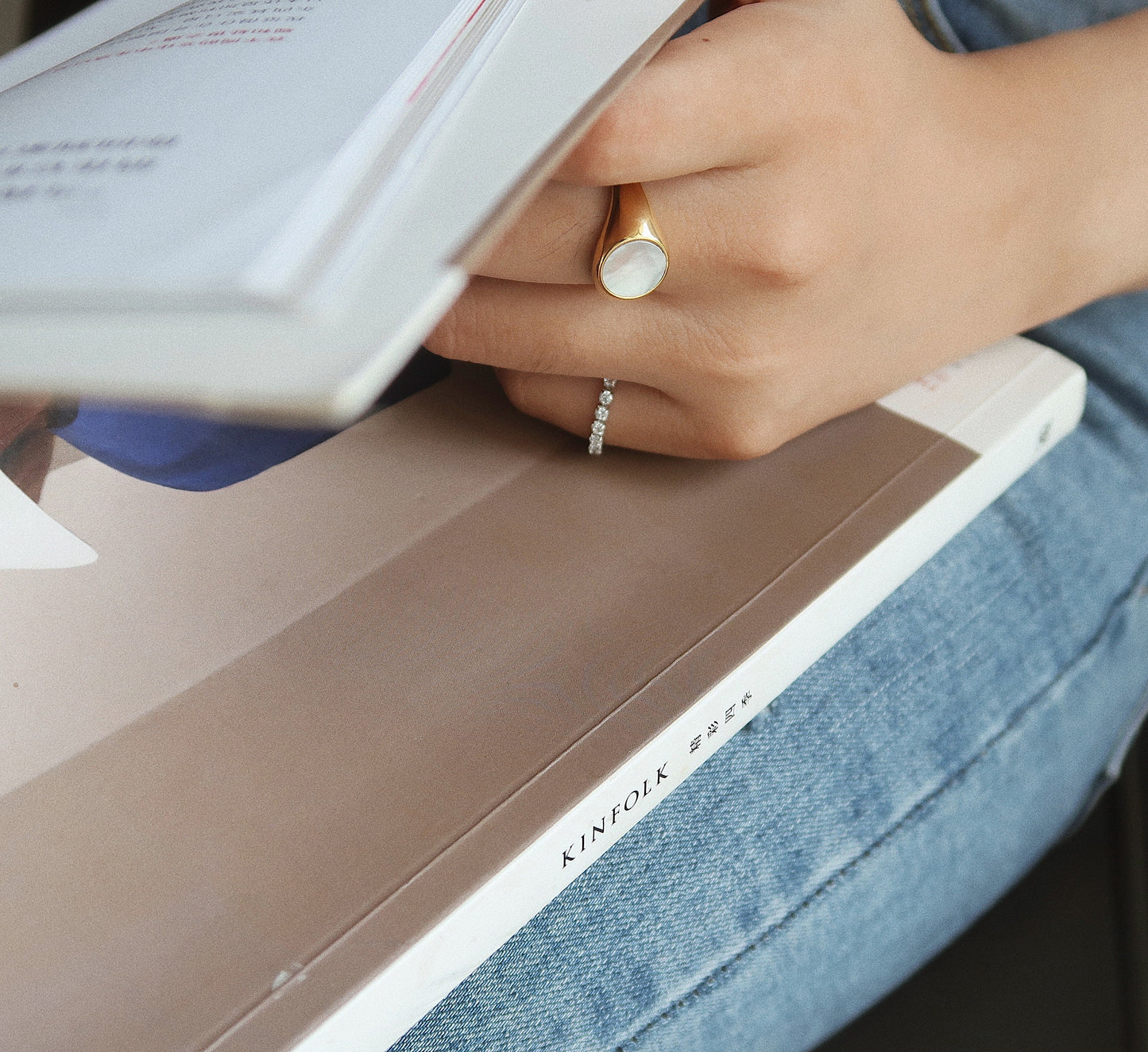Vintage Gold Ring Stainless Steel inspired Oval Natural White Mother of Shell Signet Rings Gift for Her, WATERPROOF Non Tarnish Ring