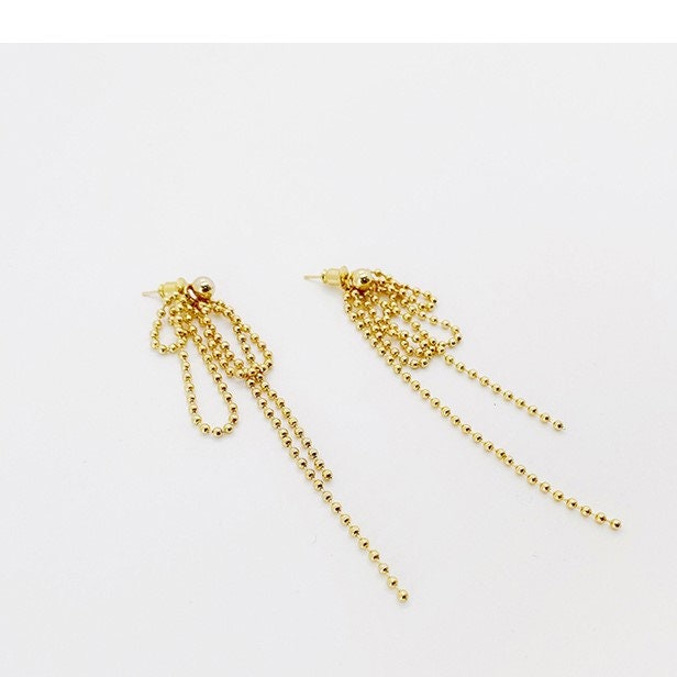 Shiny gold seed bead earrings, Long sparkle earrings, Statement fringe earrings, Bohemian jewelry, Party Earrings, Dangle, Boho, Tribal