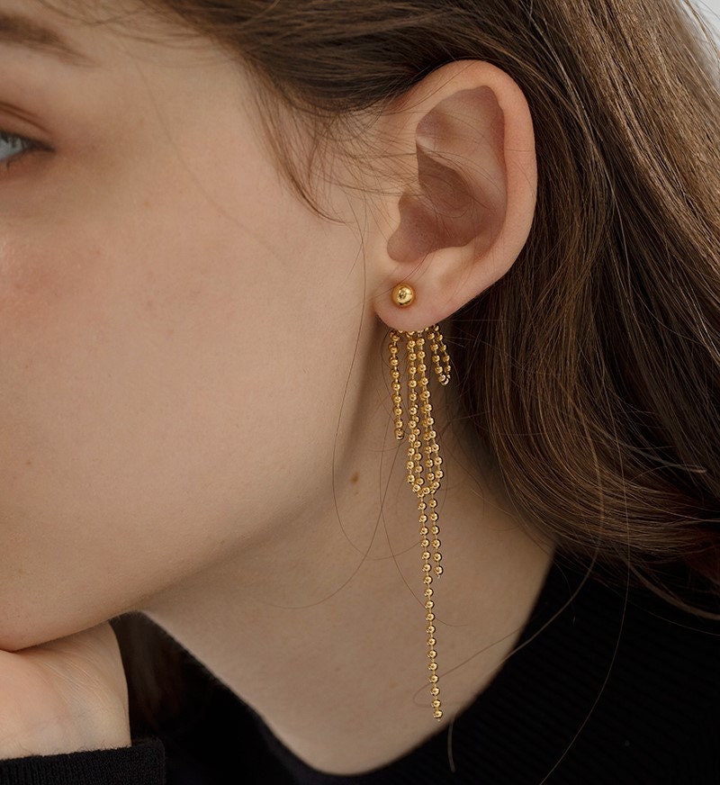 Shiny gold seed bead earrings, Long sparkle earrings, Statement fringe earrings, Bohemian jewelry, Party Earrings, Dangle, Boho, Tribal