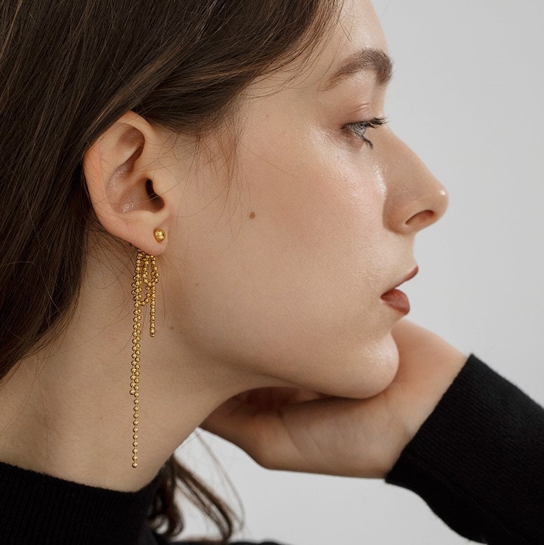 Shiny gold seed bead earrings, Long sparkle earrings, Statement fringe earrings, Bohemian jewelry, Party Earrings, Dangle, Boho, Tribal