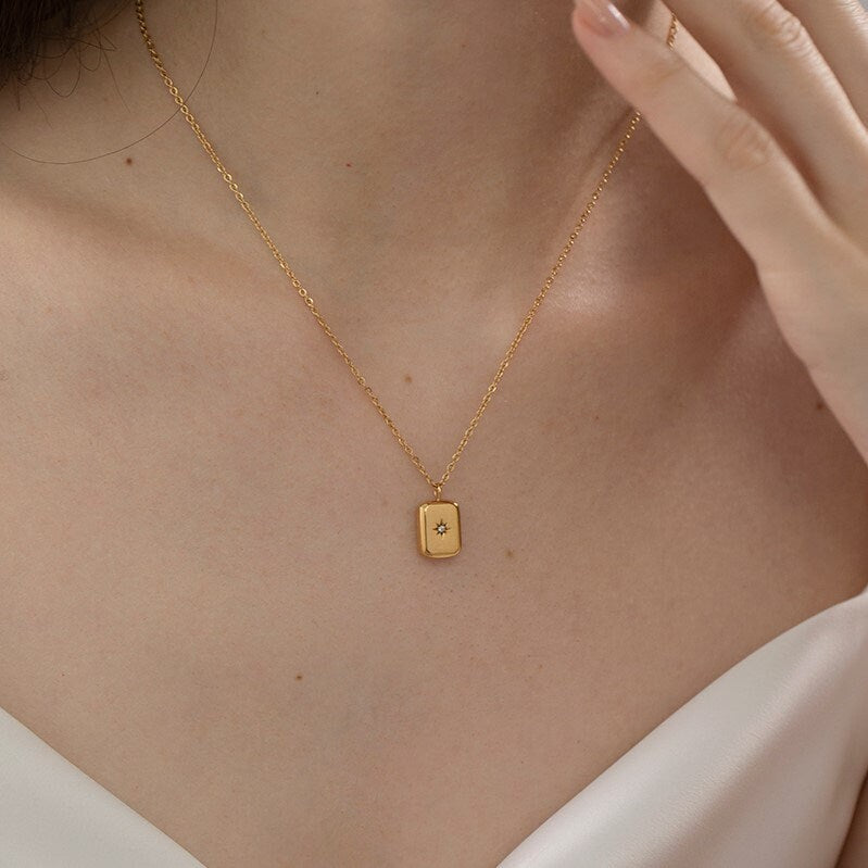 Gold Waterdrop - Square Zircon Star Necklaces, Square Geometric Necklaces, Minimalist Necklace for Women, Minimalist Rhinestone Necklace