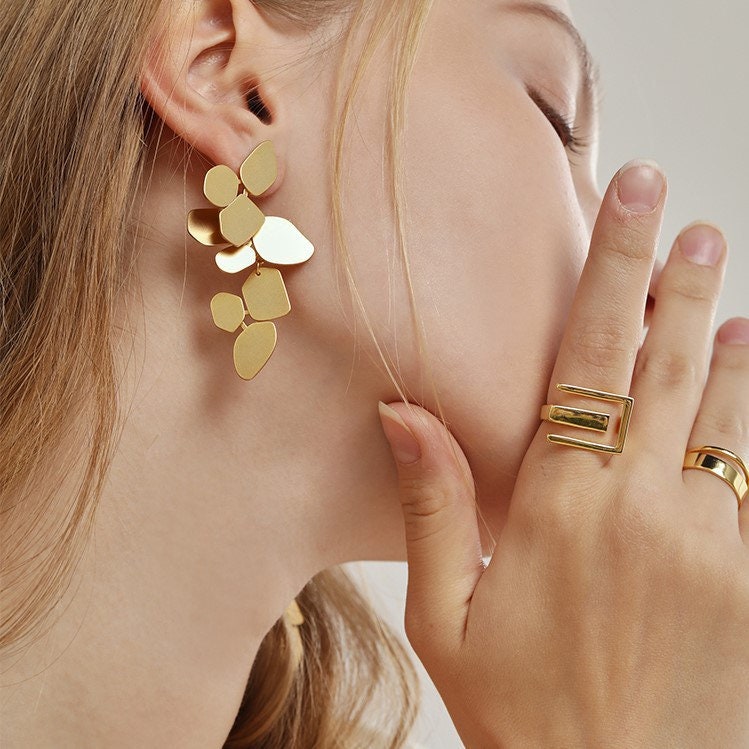 Statement Gold Leaves Earrings Long Geometric  Geometric Chandelier Earring  Large Geometric Earring  Gold Dangle Earring Long Stud earrings