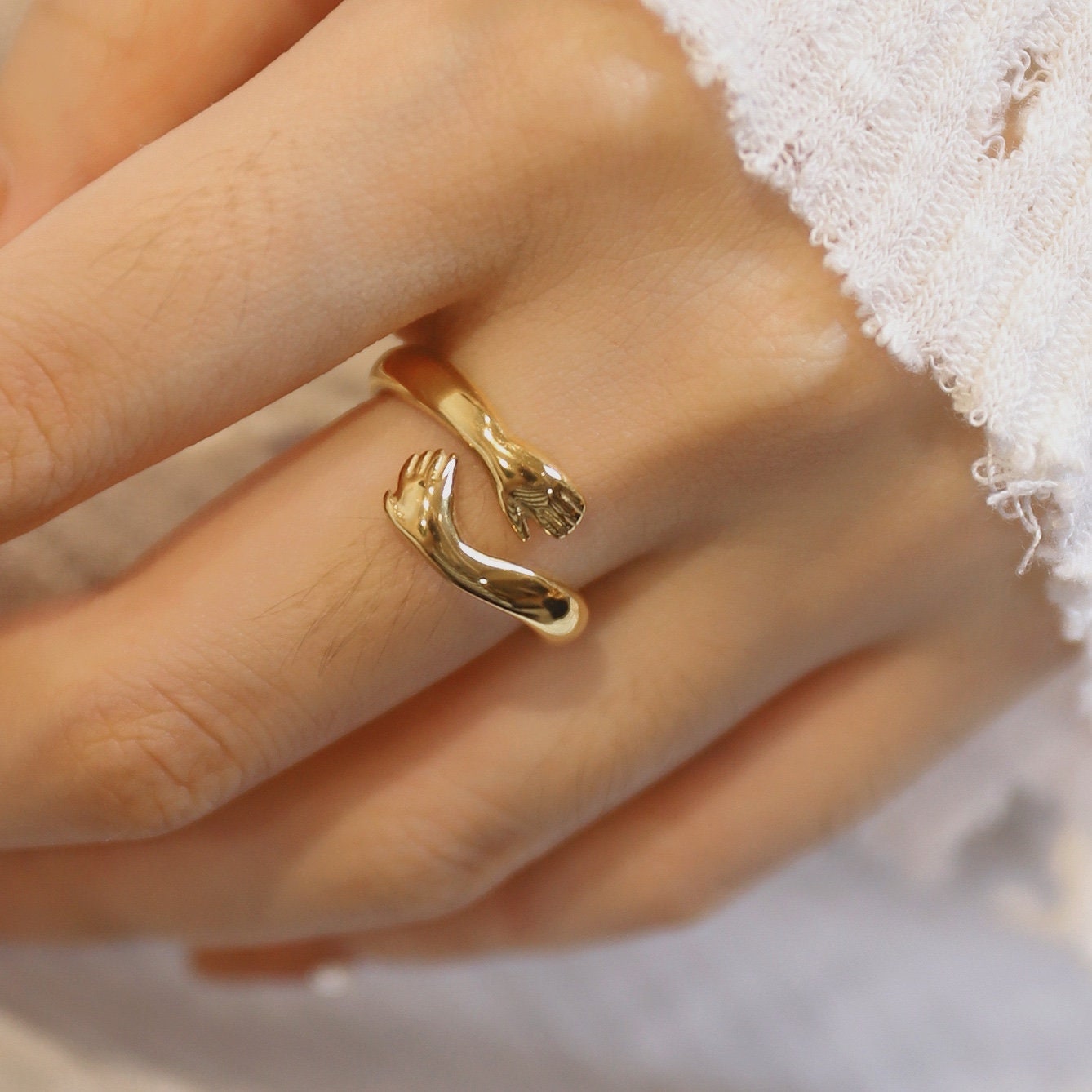 18k Gold Hug Ring Gold Hugging Hands Gold Hug Ring, Couple Ring Love Ring Open Hug Ring Friendship Ring WATERPROOF Hugging Ring