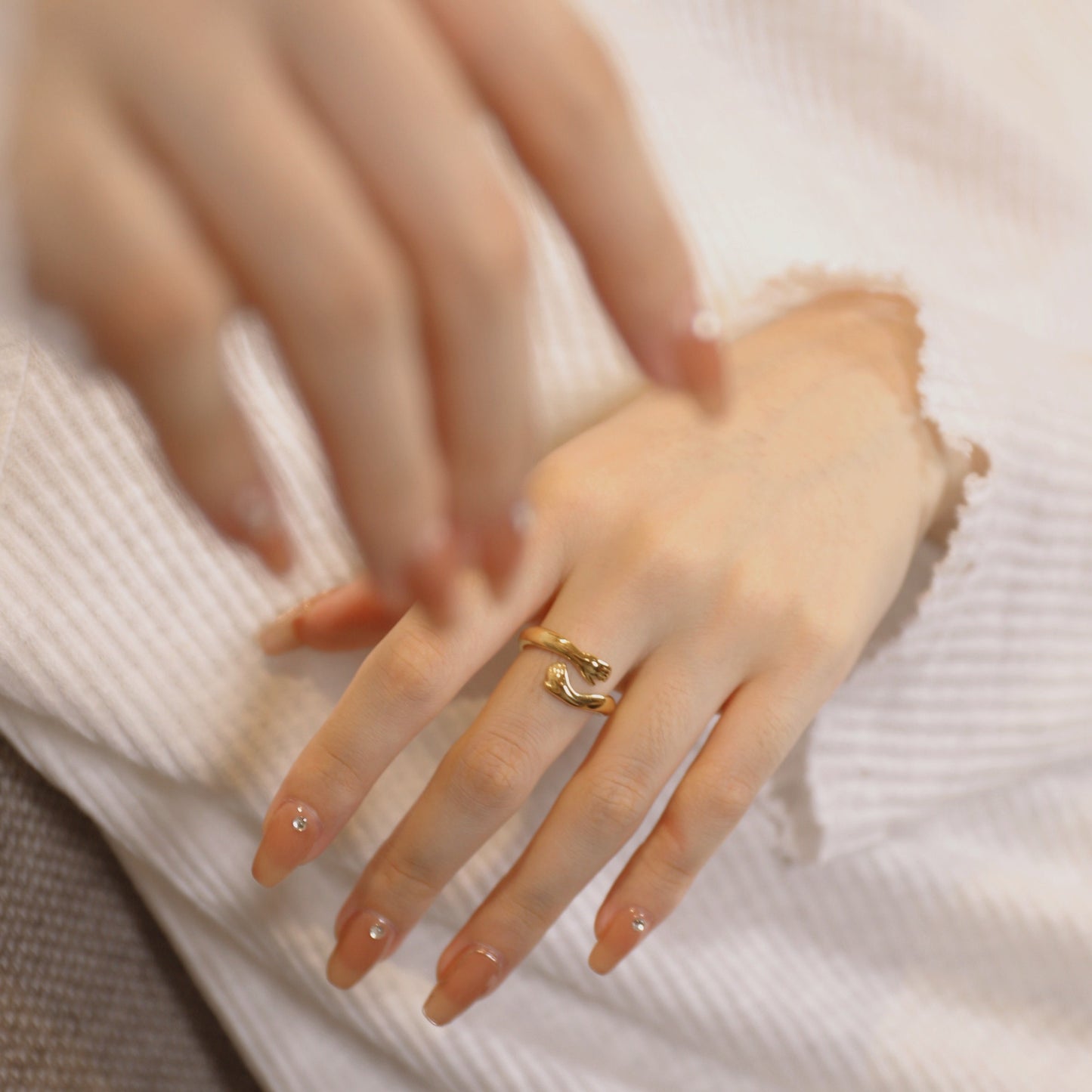 18k Gold Hug Ring Gold Hugging Hands Gold Hug Ring, Couple Ring Love Ring Open Hug Ring Friendship Ring WATERPROOF Hugging Ring