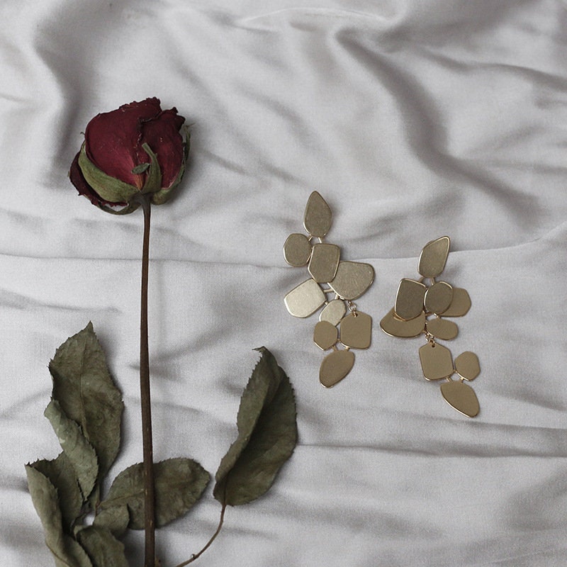 Statement Gold Leaves Earrings Long Geometric  Geometric Chandelier Earring  Large Geometric Earring  Gold Dangle Earring Long Stud earrings