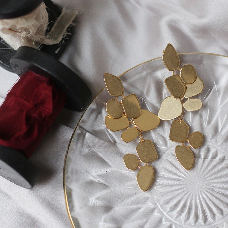 Statement Gold Leaves Earrings Long Geometric  Geometric Chandelier Earring  Large Geometric Earring  Gold Dangle Earring Long Stud earrings