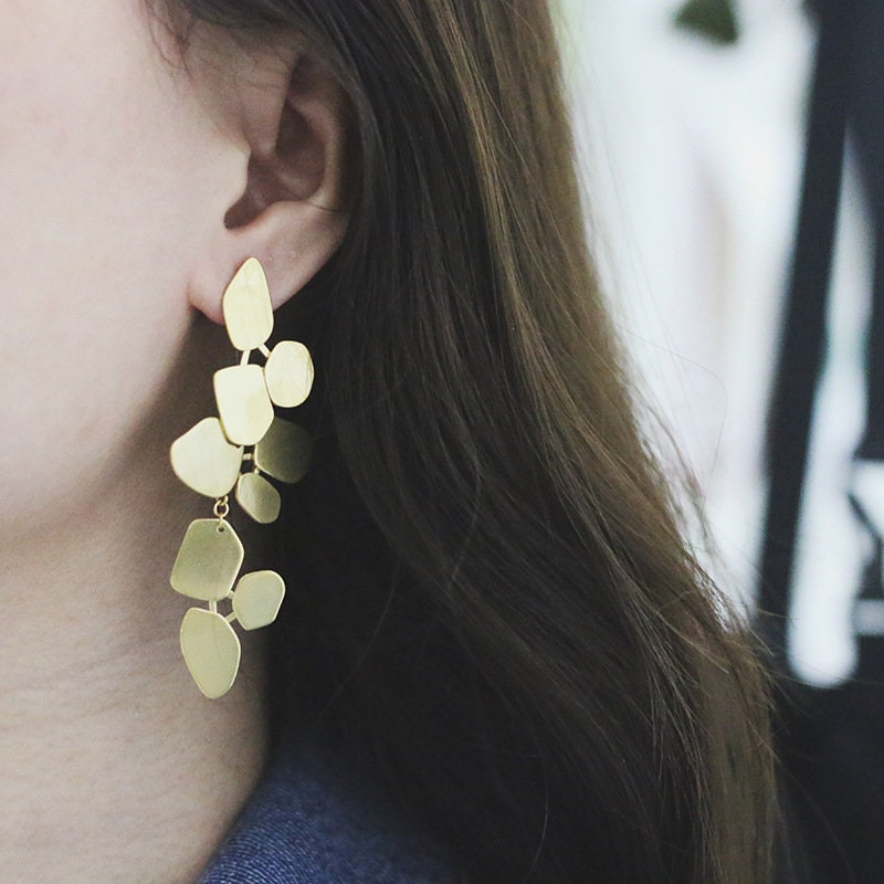 Statement Gold Leaves Earrings Long Geometric  Geometric Chandelier Earring  Large Geometric Earring  Gold Dangle Earring Long Stud earrings