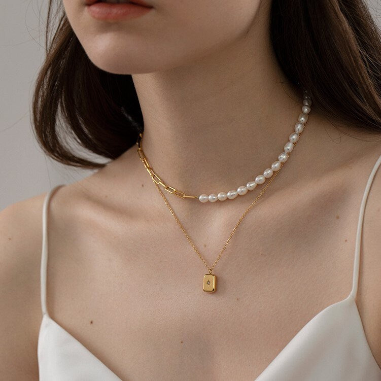 Gold Waterdrop - Square Zircon Star Necklaces, Square Geometric Necklaces, Minimalist Necklace for Women, Minimalist Rhinestone Necklace