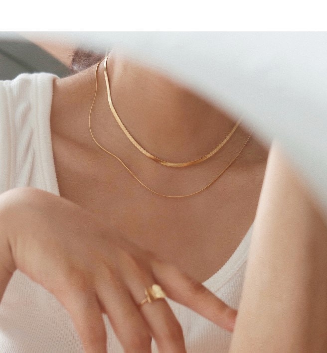 18K Gold Double Layer Snake chain necklace, Double Herringbone Chain Necklace, Minimalist Jewelry, Double strand Stacking Necklaces