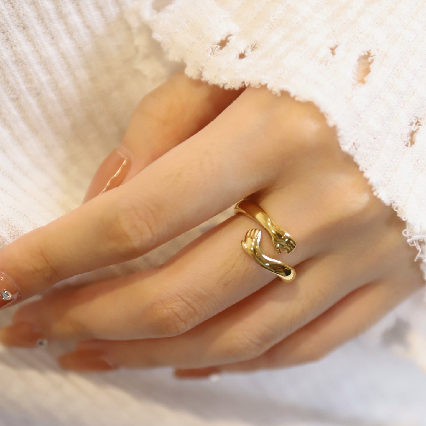 18k Gold Hug Ring Gold Hugging Hands Gold Hug Ring, Couple Ring Love Ring Open Hug Ring Friendship Ring WATERPROOF Hugging Ring