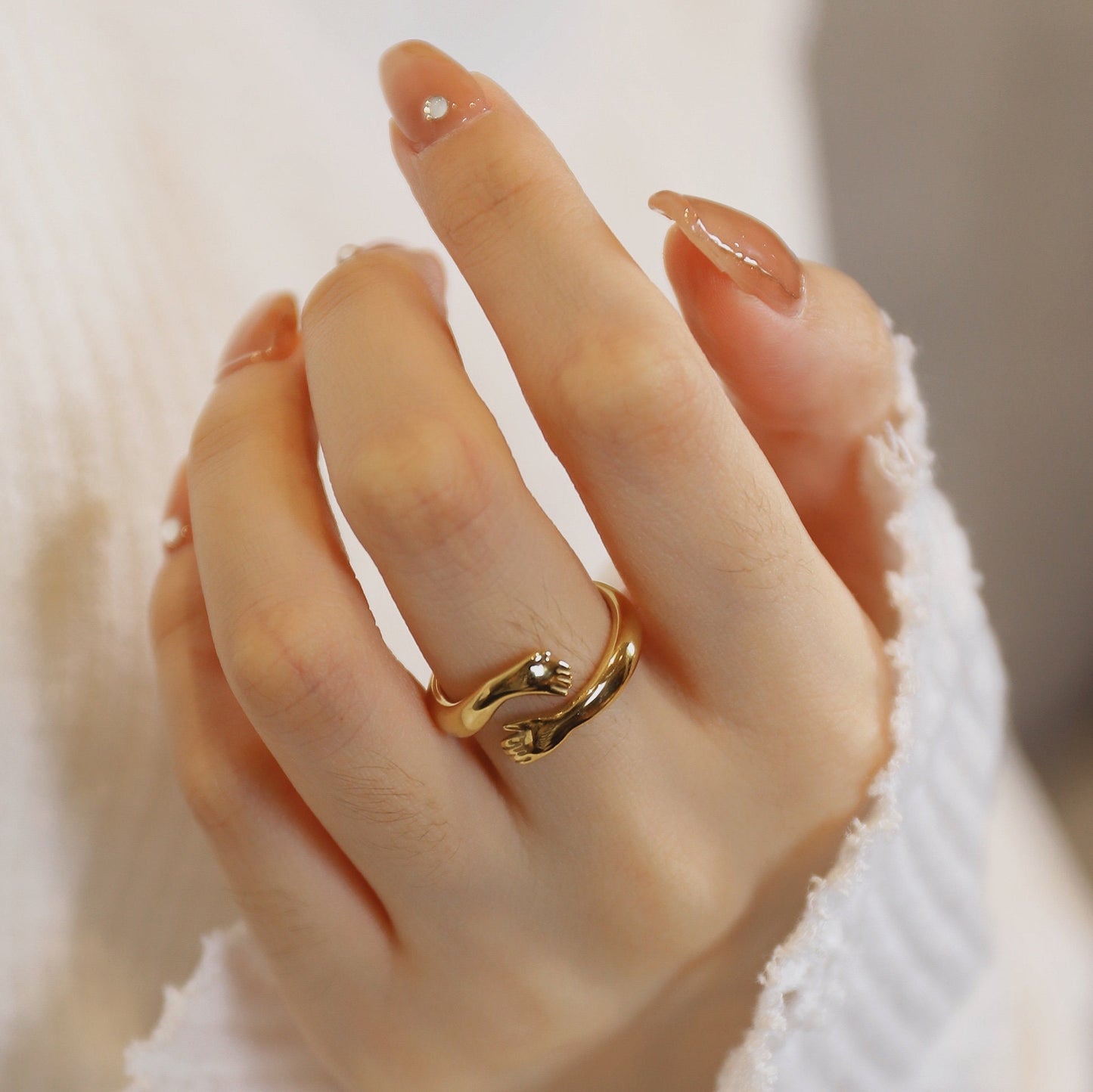 18k Gold Hug Ring Gold Hugging Hands Gold Hug Ring, Couple Ring Love Ring Open Hug Ring Friendship Ring WATERPROOF Hugging Ring