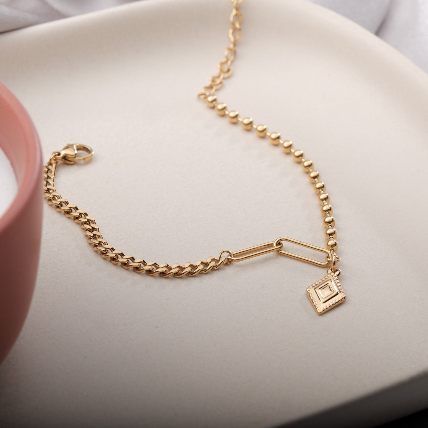 Diamond shape bracelet, vintage bracelet, chain bracelet, beaded chain bracelet, Cuban chain bracelet, layered bracelet