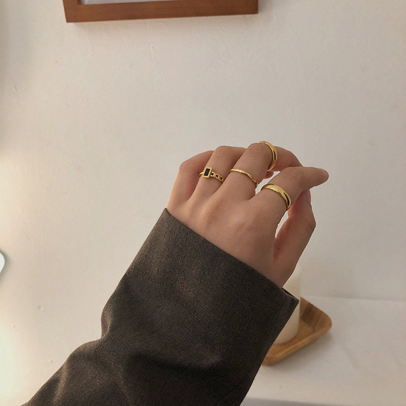 18K Gold Chain Ring, Black Enamel Ring, Square Gold Signet Rings, Gold Cuban Chain Ring for Women, Wide Gold Ring, Square Stacking Ring