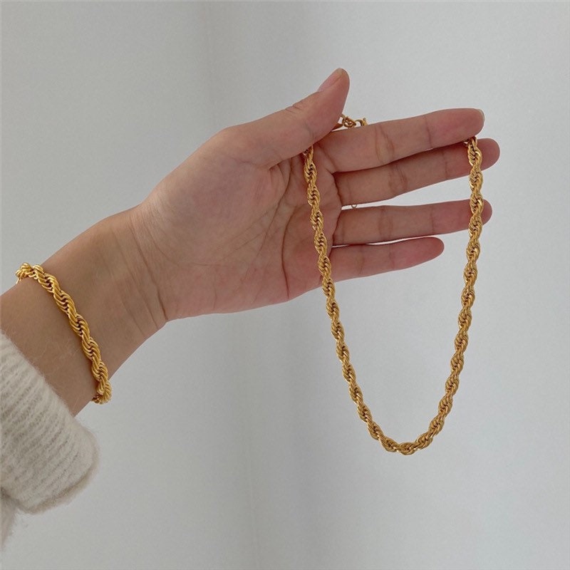18k Gold Plated Twisted Rope Chain Necklace Gold Chunky Twisted rope choker Gold twisted Rope chain Bracelet Gold rope Chain bracelet