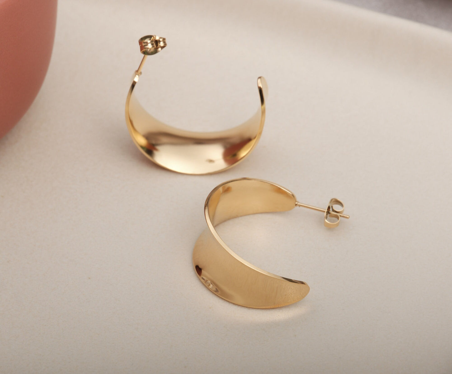 Gold Earrings, Gold Dome Earrings, Stainless Steel Earrings, Gold Wide Open Hoop Earrings, Minimalist Earrings, Modern Earrings, Gift Hoops