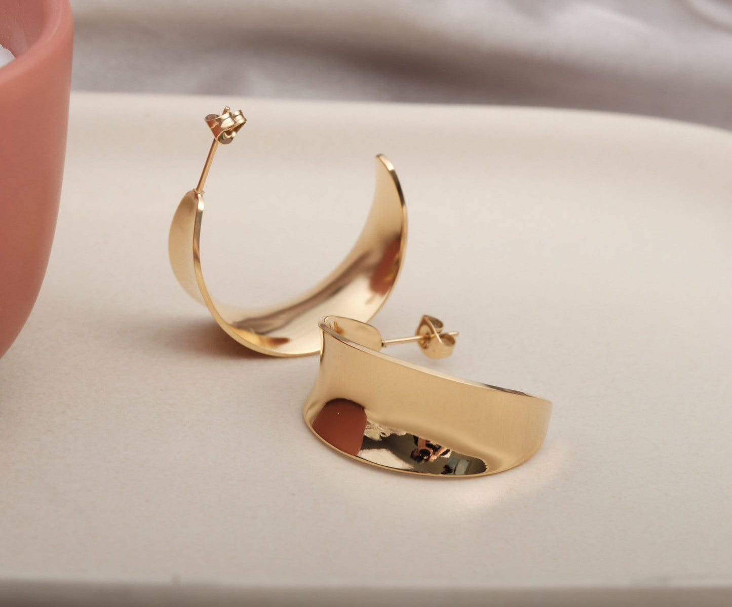 Gold Earrings, Gold Dome Earrings, Stainless Steel Earrings, Gold Wide Open Hoop Earrings, Minimalist Earrings, Modern Earrings, Gift Hoops