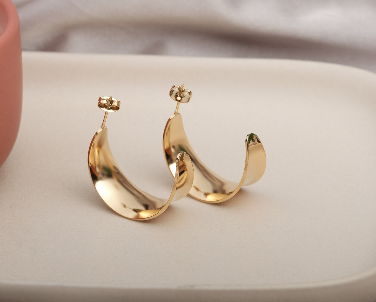 Gold Earrings, Gold Dome Earrings, Stainless Steel Earrings, Gold Wide Open Hoop Earrings, Minimalist Earrings, Modern Earrings, Gift Hoops