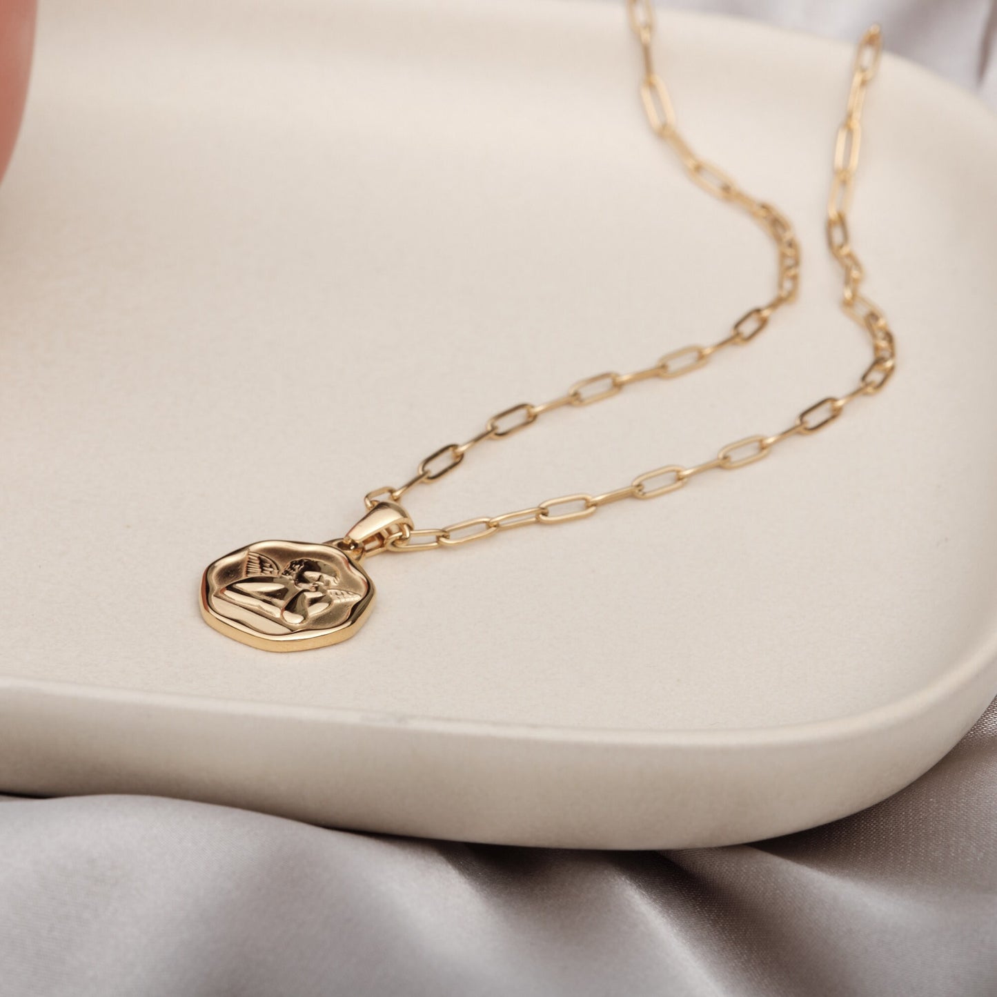 Gold Angel Coin Necklace, Angel Medallion Necklace, Gold Angel Protection Necklace, Guardian Angel Necklace, Birthday Gift, Christmas Gift