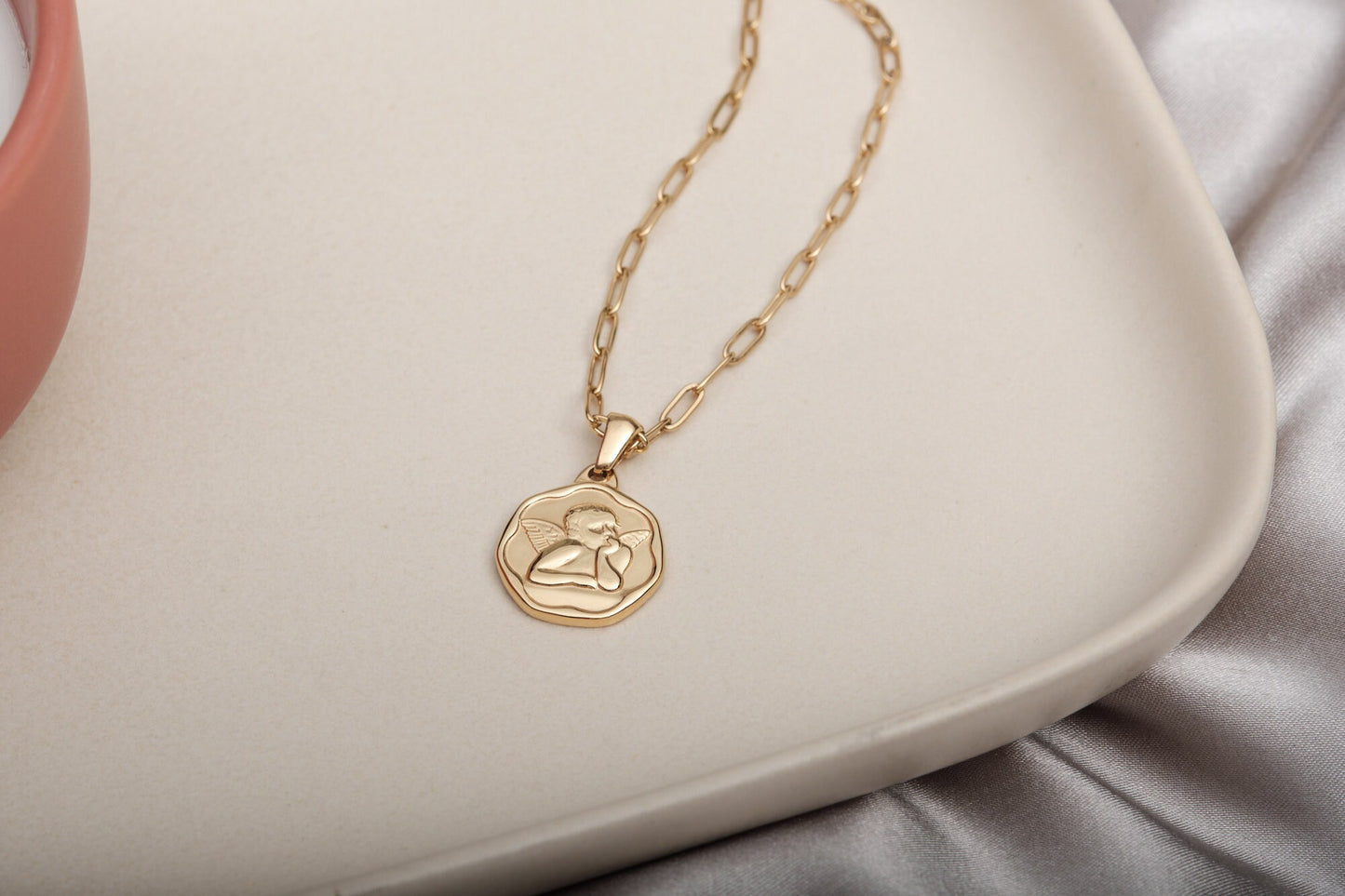 Gold Angel Coin Necklace, Angel Medallion Necklace, Gold Angel Protection Necklace, Guardian Angel Necklace, Birthday Gift, Christmas Gift