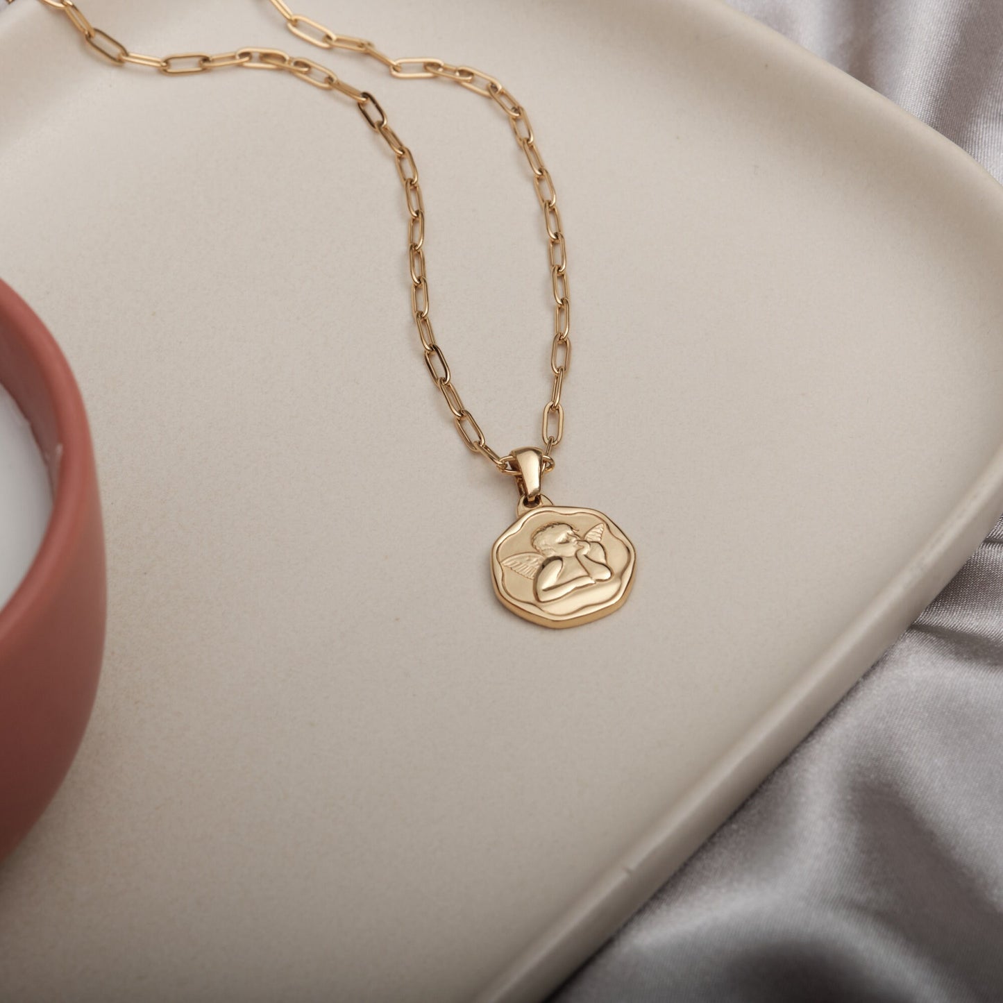 Gold Angel Coin Necklace, Angel Medallion Necklace, Gold Angel Protection Necklace, Guardian Angel Necklace, Birthday Gift, Christmas Gift