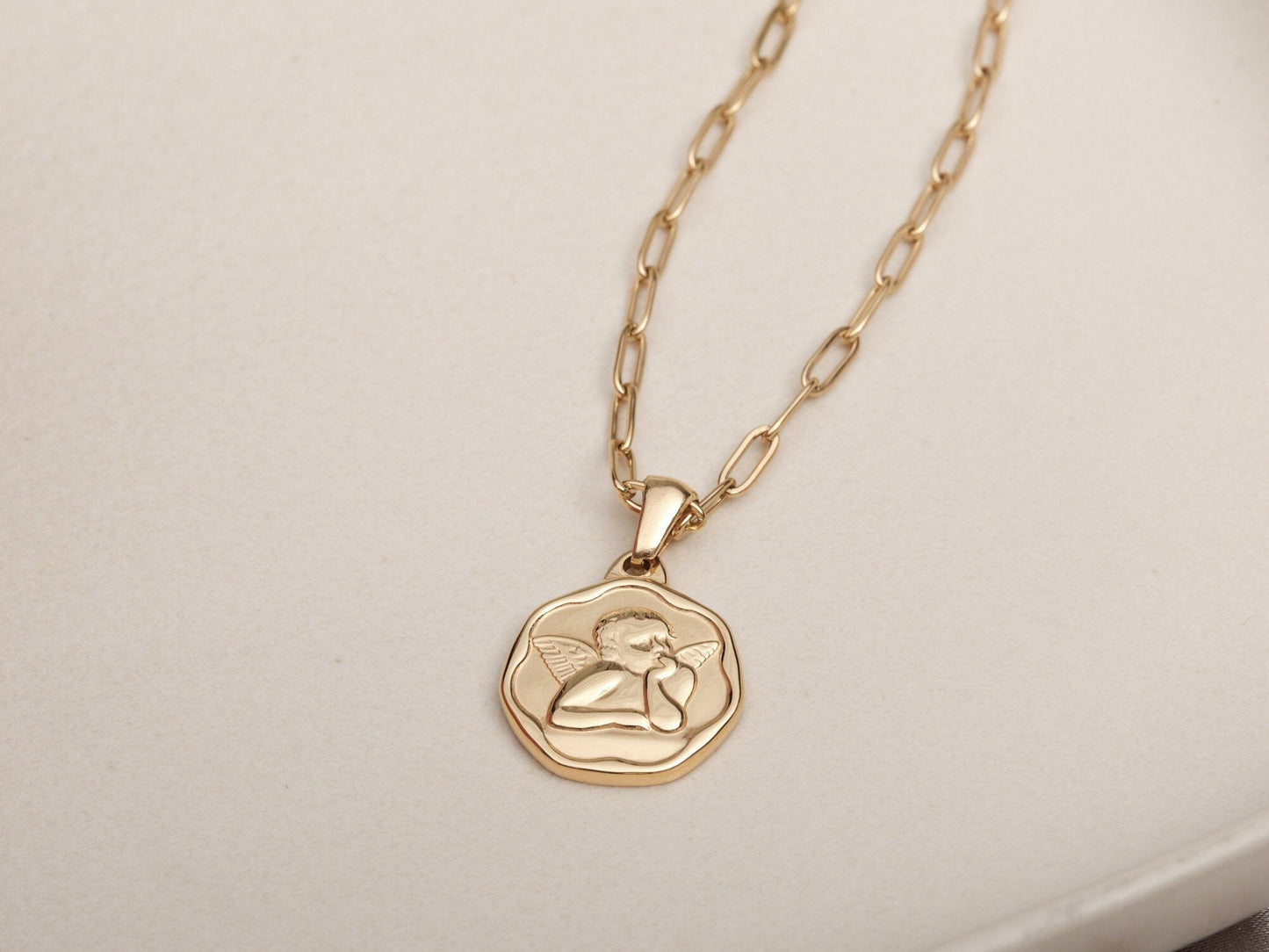 Gold Angel Coin Necklace, Angel Medallion Necklace, Gold Angel Protection Necklace, Guardian Angel Necklace, Birthday Gift, Christmas Gift