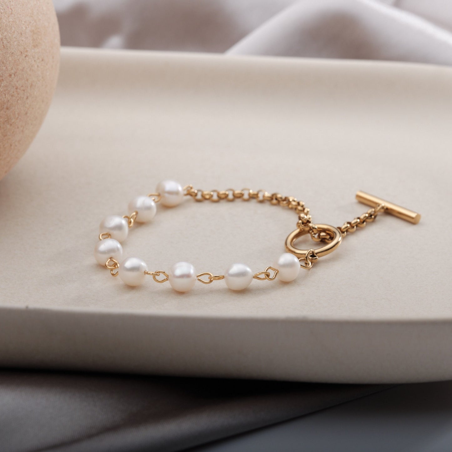 Half Baroque Pearl Half Gold Chain Bracelet,OT Clasp Bracelet,Real Pearl Toggle Clasp Bracelet,Freshwater Keshi Pearl Bracelet Waterproof