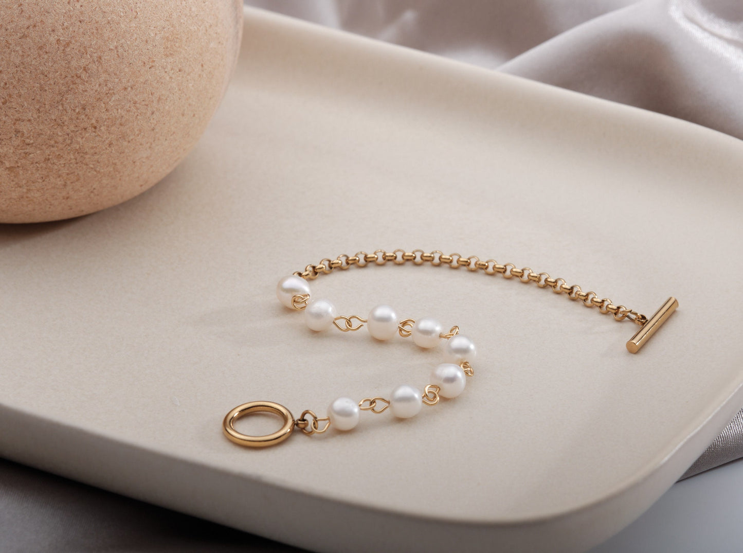 Half Baroque Pearl Half Gold Chain Bracelet,OT Clasp Bracelet,Real Pearl Toggle Clasp Bracelet,Freshwater Keshi Pearl Bracelet Waterproof