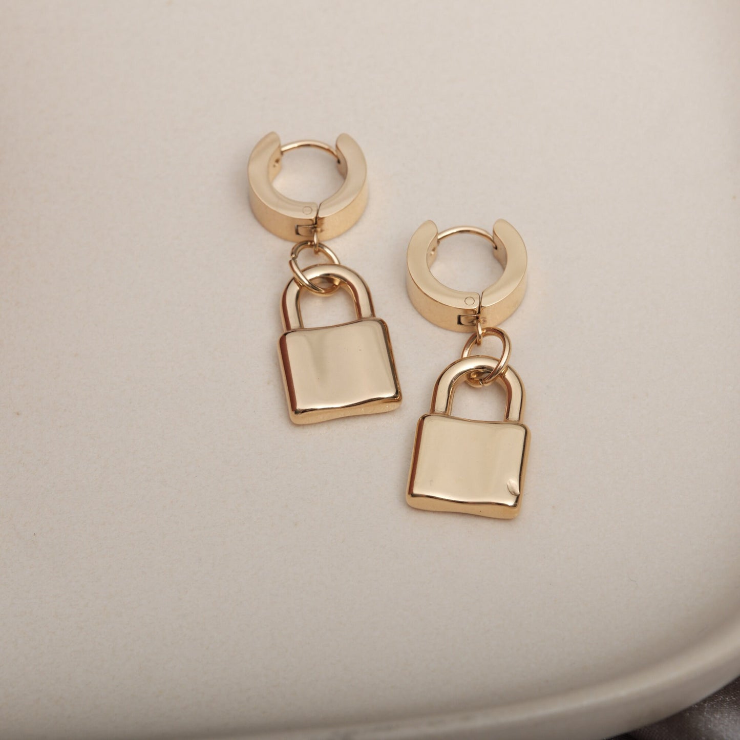 Gold Padlock Earrings, Lock Pendant Earrings, Gold Titanium padlock Hoops, Gold Padlock Jewelry Safety Pin Earrings Waterproof Hoops