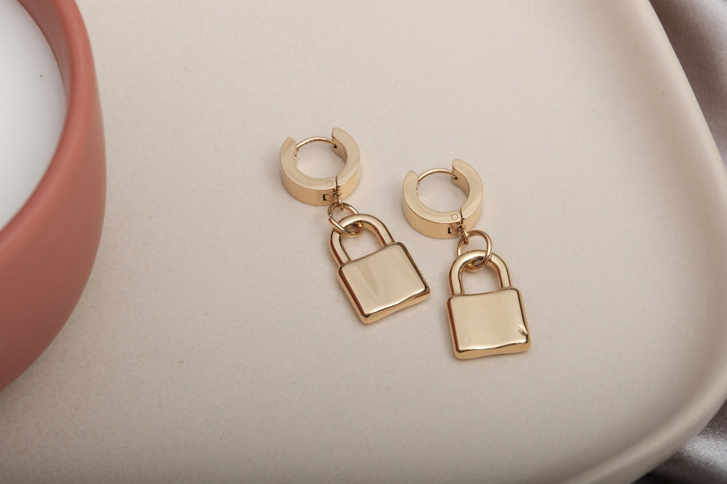 Gold Padlock Earrings, Lock Pendant Earrings, Gold Titanium padlock Hoops, Gold Padlock Jewelry Safety Pin Earrings Waterproof Hoops