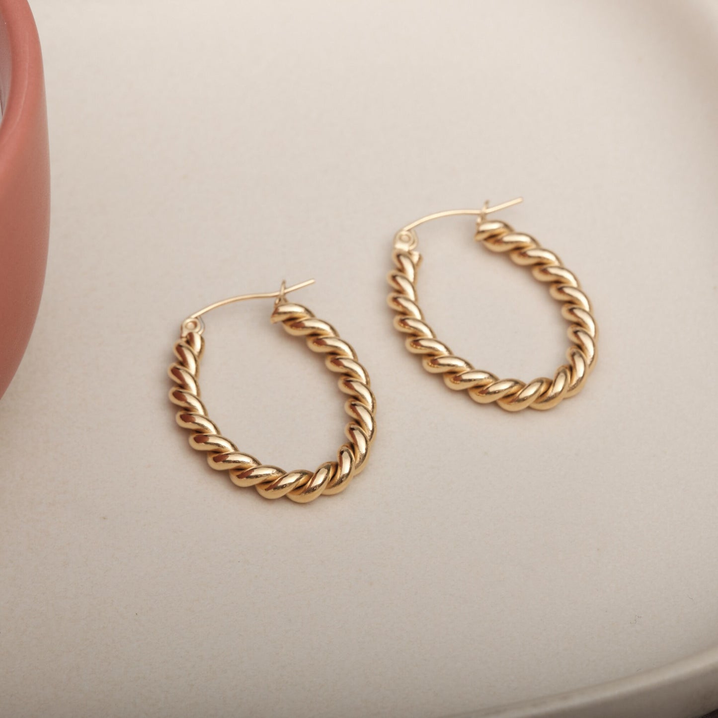 Gold Twist Hoop Earring French Twist Vintage Titanium Oval Earring Hoop Oval Huggie Water and Tarnish Resistant Oval Twisted Hoops