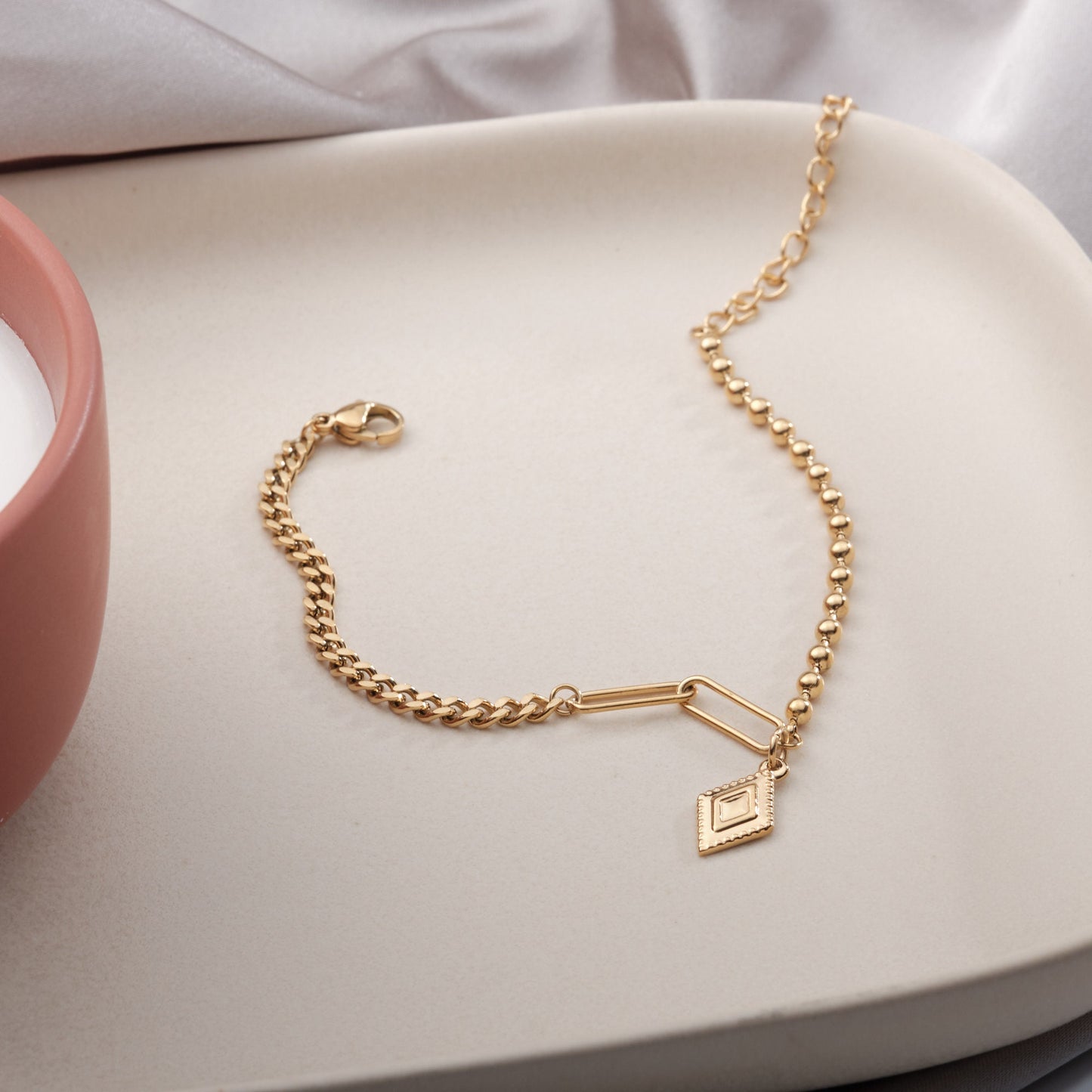 Diamond shape bracelet, vintage bracelet, chain bracelet, beaded chain bracelet, Cuban chain bracelet, layered bracelet