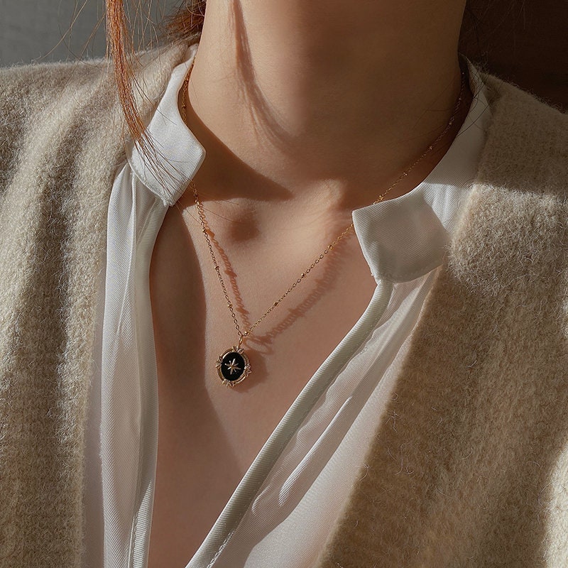 Dainty Black Enamel North Star Necklace Vintage Star Necklace North Star Necklace Birthday Gift Graduation Gift Layered Necklace WATERPROOF