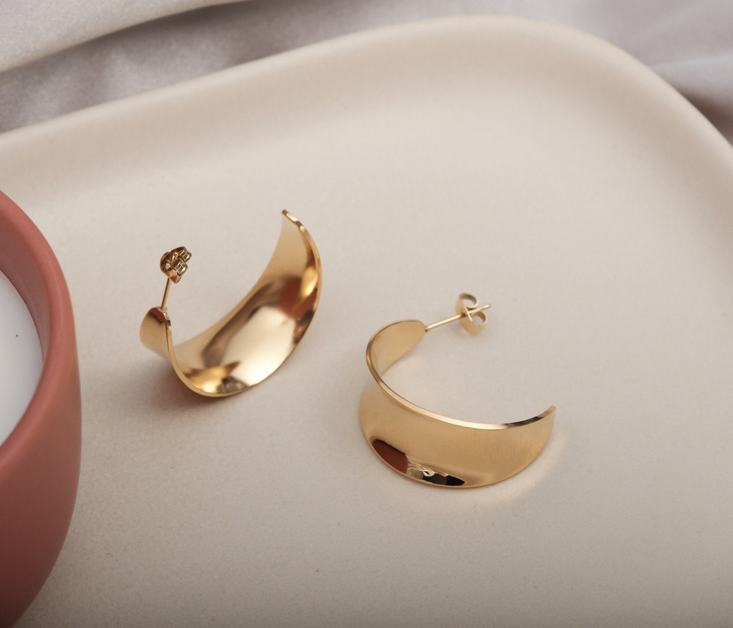 Gold Earrings, Gold Dome Earrings, Stainless Steel Earrings, Gold Wide Open Hoop Earrings, Minimalist Earrings, Modern Earrings, Gift Hoops