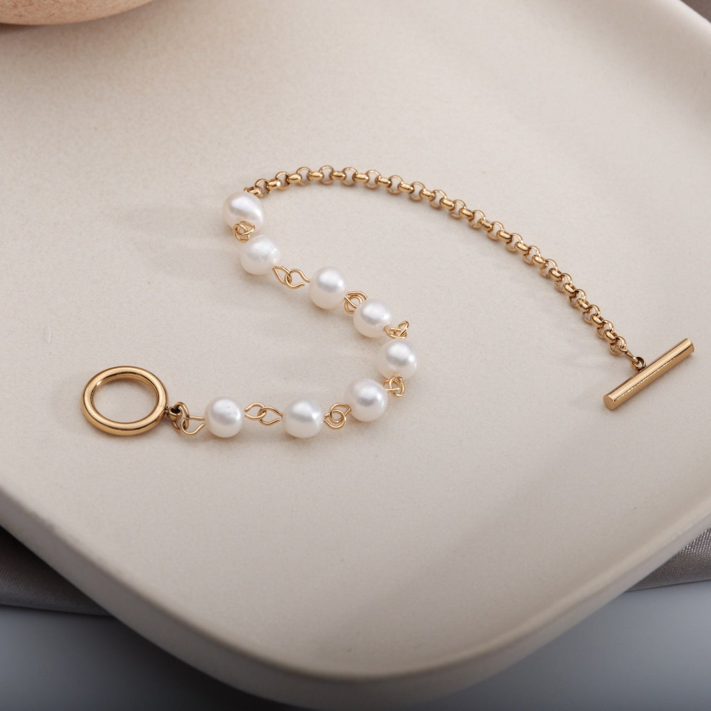 Half Baroque Pearl Half Gold Chain Bracelet,OT Clasp Bracelet,Real Pearl Toggle Clasp Bracelet,Freshwater Keshi Pearl Bracelet Waterproof