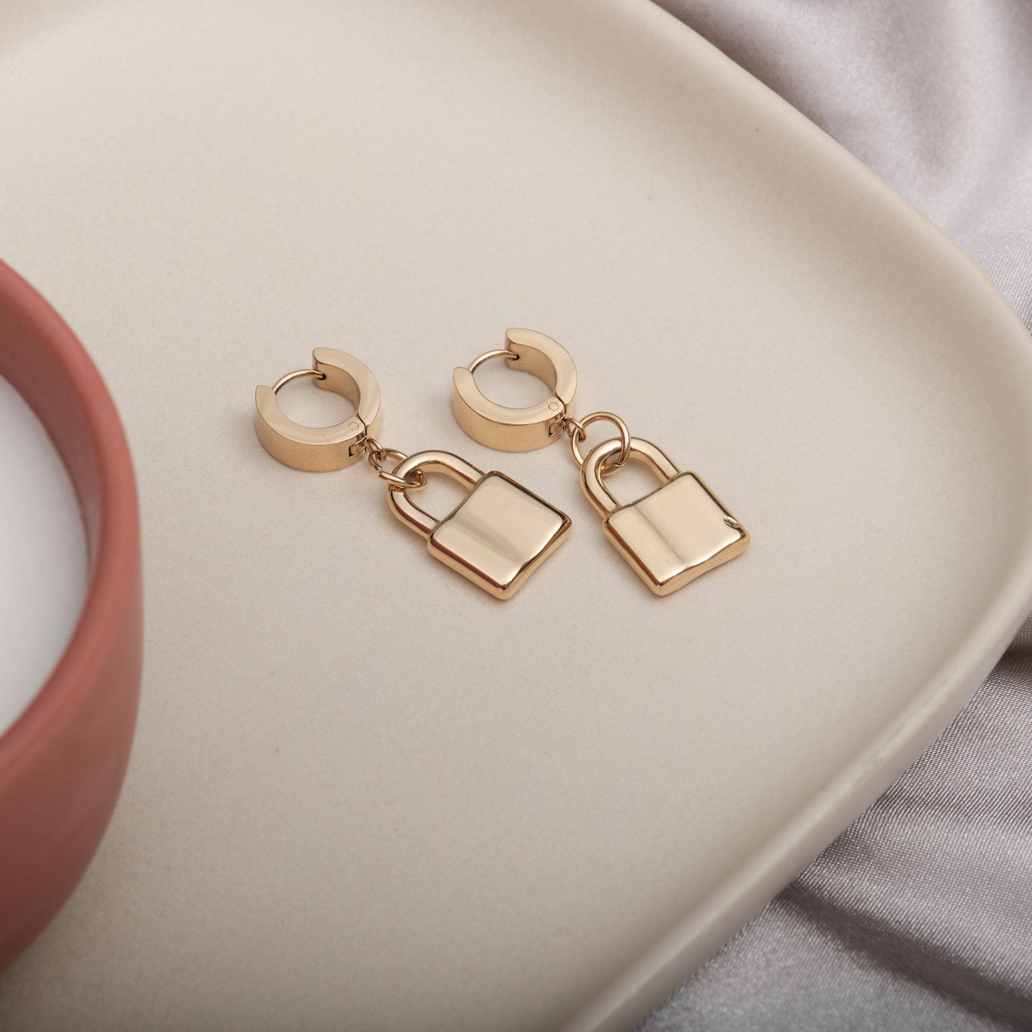 Gold Padlock Earrings, Lock Pendant Earrings, Gold Titanium padlock Hoops, Gold Padlock Jewelry Safety Pin Earrings Waterproof Hoops