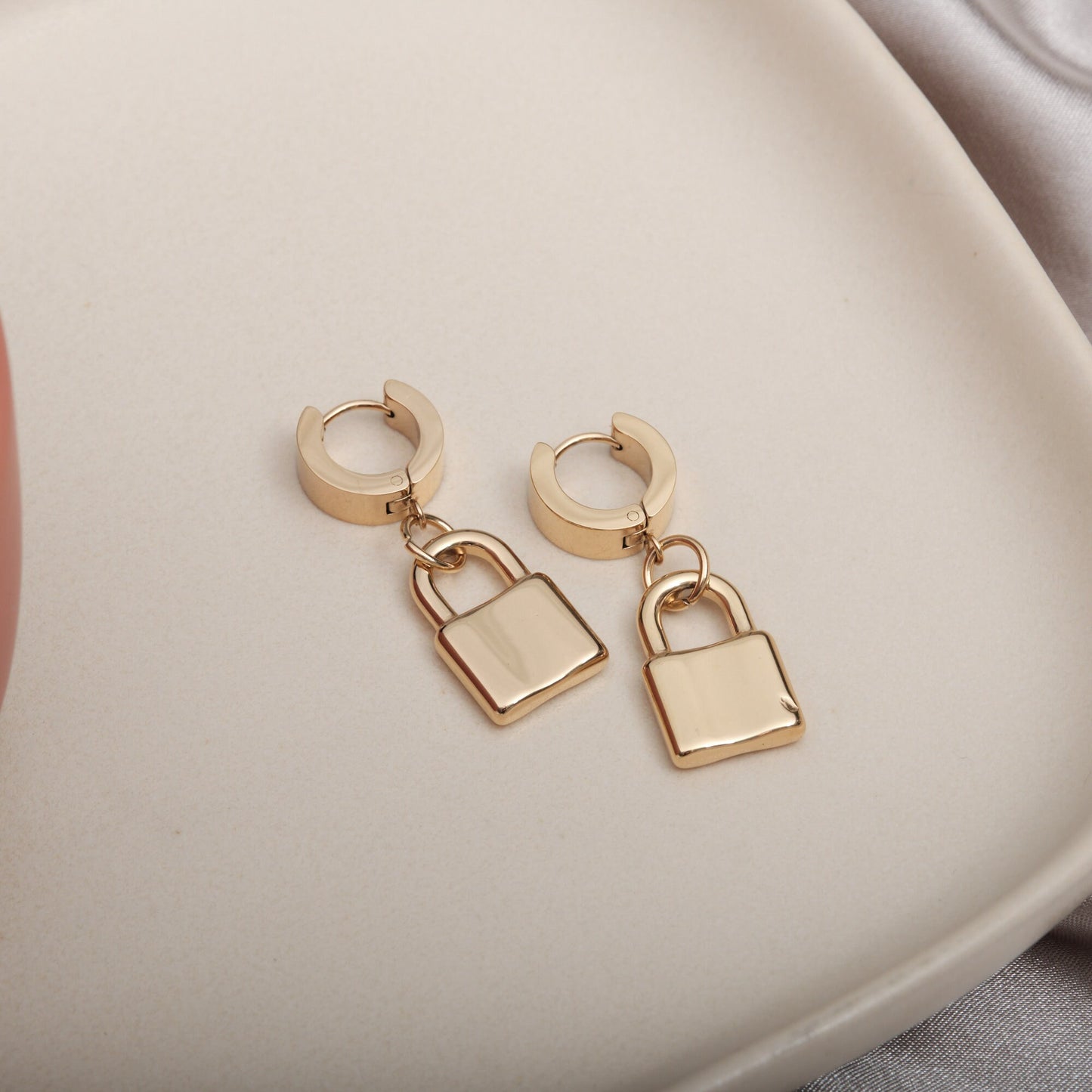 Gold Padlock Earrings, Lock Pendant Earrings, Gold Titanium padlock Hoops, Gold Padlock Jewelry Safety Pin Earrings Waterproof Hoops