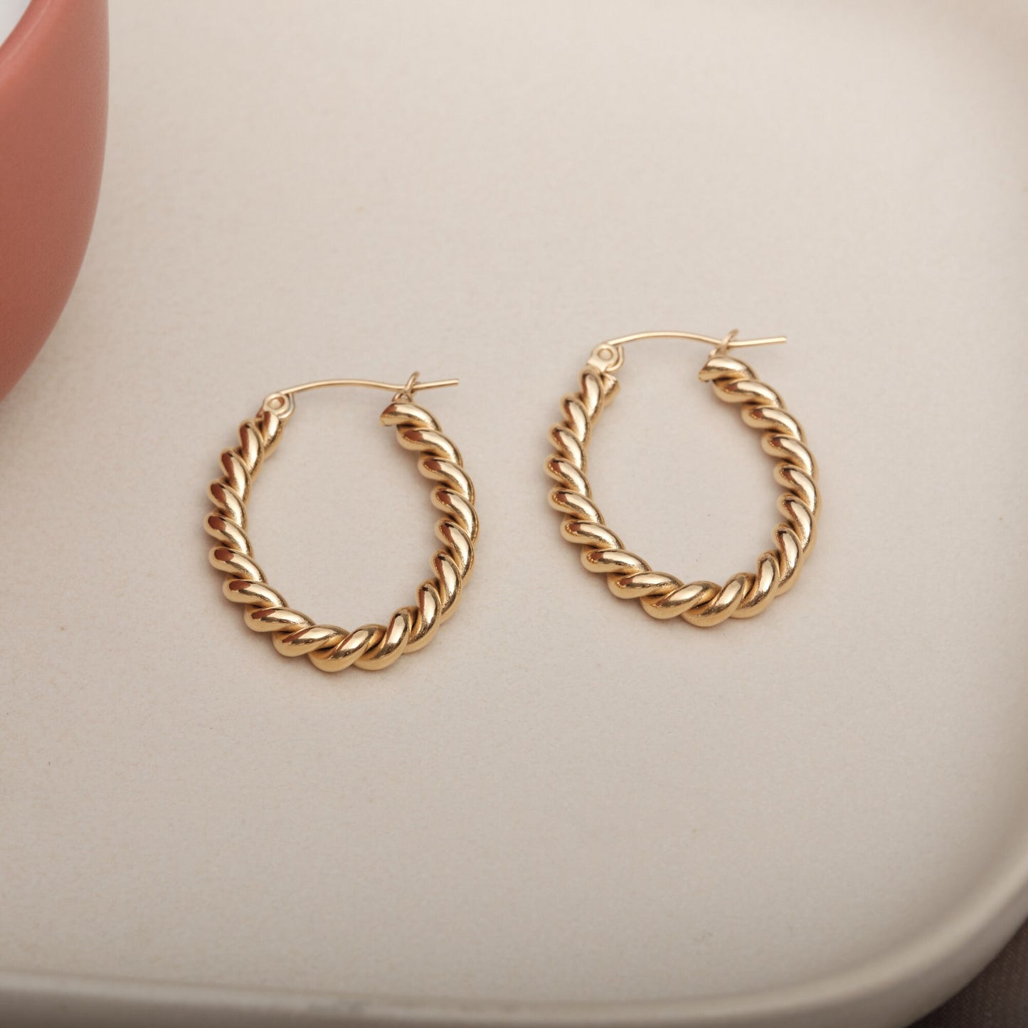 Gold Twist Hoop Earring French Twist Vintage Titanium Oval Earring Hoop Oval Huggie Water and Tarnish Resistant Oval Twisted Hoops