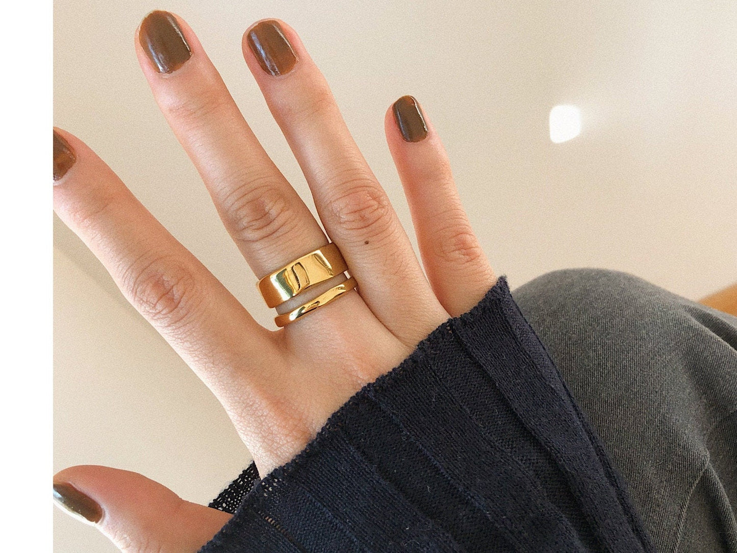 18K Gold Double Band Ring, Gold Double Ring, Gold Band Ring, stacking ring, simple band, Gold Wide Band, Gold Wedding Band, WATERPROOF