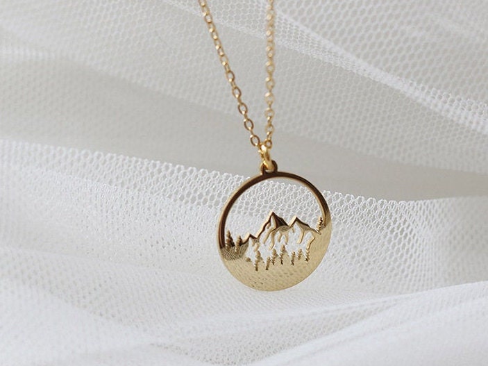 Mountain Necklace, Wanderlust Necklace, The Mountains Are Calling, Mountain Jewelry, Mountain Pendant, Mountain Charm, Mountain disc