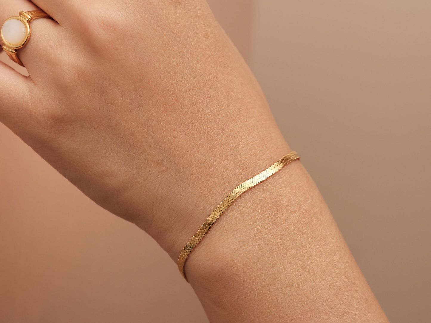 Gold Herringbone Bracelet, Gold snake chain bracelet, Gold Chain Bracelet, Gold Bracelet, 3mm width Herringbone Bracelet, Waterproof