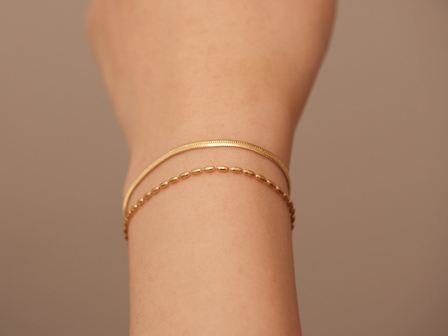 Gold Double Layer Bracelet, Double Herringbone Bracelet, Gold 2 Layer Bracelet, Beaded Bracelet, Waterproof, Double Snake Chain Bracelet