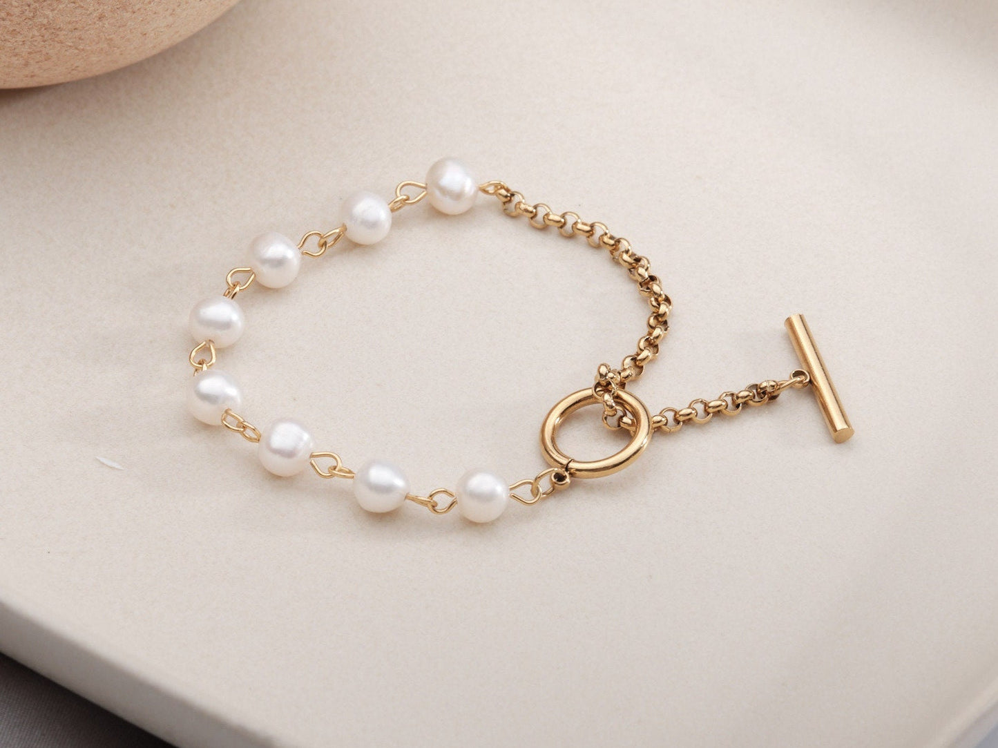 Half Baroque Pearl Half Gold Chain Bracelet,OT Clasp Bracelet,Real Pearl Toggle Clasp Bracelet,Freshwater Keshi Pearl Bracelet Waterproof