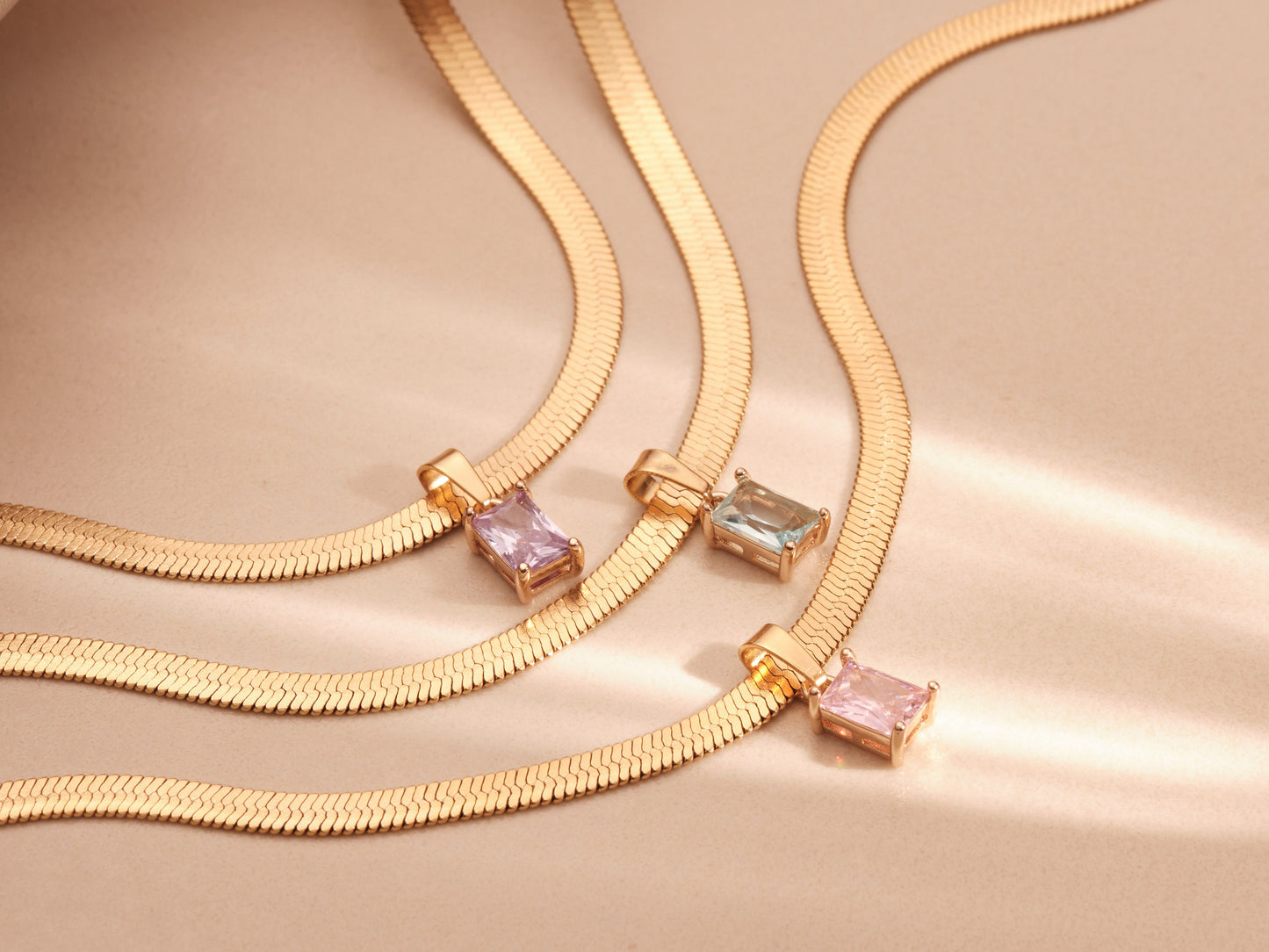 18K Gold Herringbone Chain Necklace Gemstone Necklace, CZ Choker Necklace, Crystal Zircon Pendant, Snake Chain Necklace Waterproof Jewelry