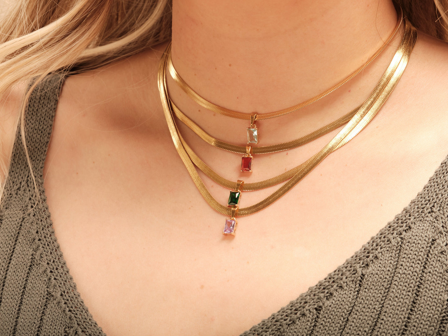 18K Gold Herringbone Chain Necklace Gemstone Necklace, CZ Choker Necklace, Crystal Zircon Pendant, Snake Chain Necklace Waterproof Jewelry