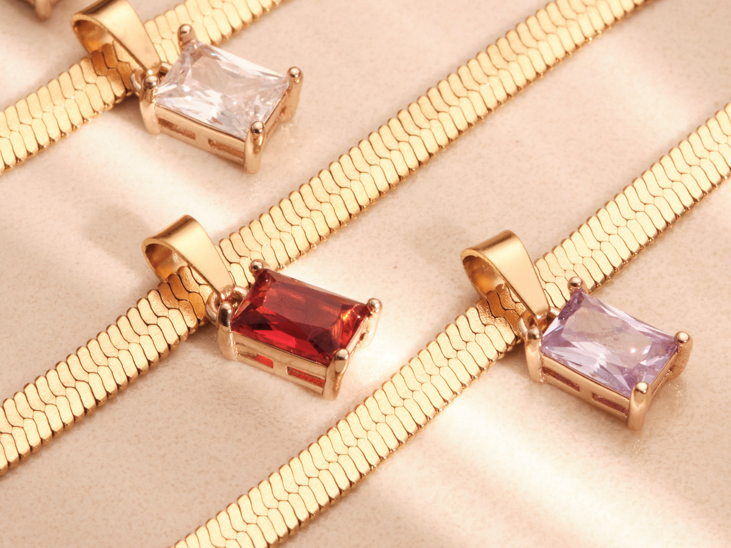 18K Gold Herringbone Chain Necklace Gemstone Necklace, CZ Choker Necklace, Crystal Zircon Pendant, Snake Chain Necklace Waterproof Jewelry