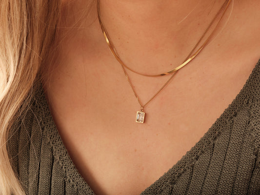 Gold Herringbone Layered Necklace, Square Gemstone Zircon Necklace, WATERPROOF, Snake Chain Necklace, Double Layer Necklace, CZ Pendant