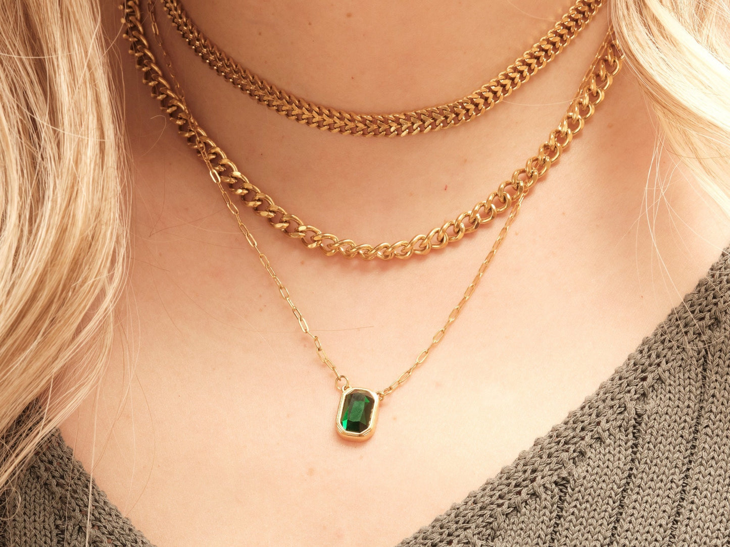 Gold Double Layer Necklace, Green Zircon Necklace, Vintage Double Cuban Choker, Cuban Chain Choker Necklace, WATERPROOF Tarnish Free Jewelry