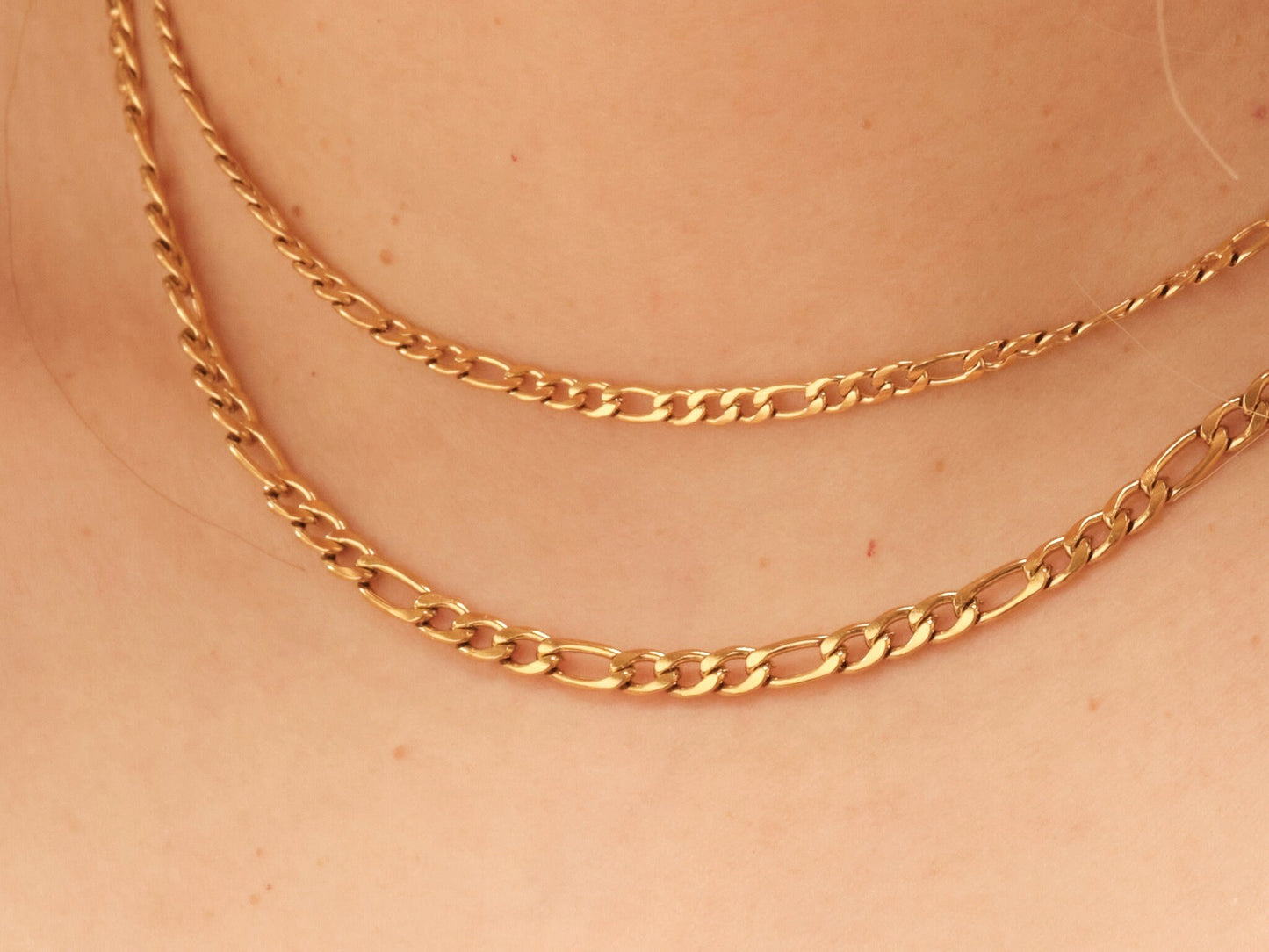 18K Gold Double Figaro Chain Necklace, Gold Figaro Necklace, Gold Necklace, Double Figaro Chain, Layered Necklace, WATERPROOF