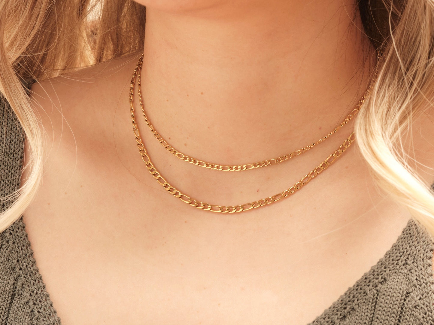 18K Gold Double Figaro Chain Necklace, Gold Figaro Necklace, Gold Necklace, Double Figaro Chain, Layered Necklace, WATERPROOF